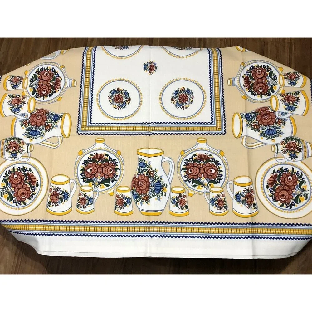 Vintage Tablecloth Pottery Pitcher Plate Floral Ethnic Beige Mid Century